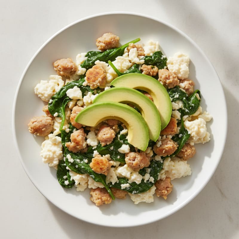 Egg White and Turkey Sausage Scramble with Sautéed Spinach
