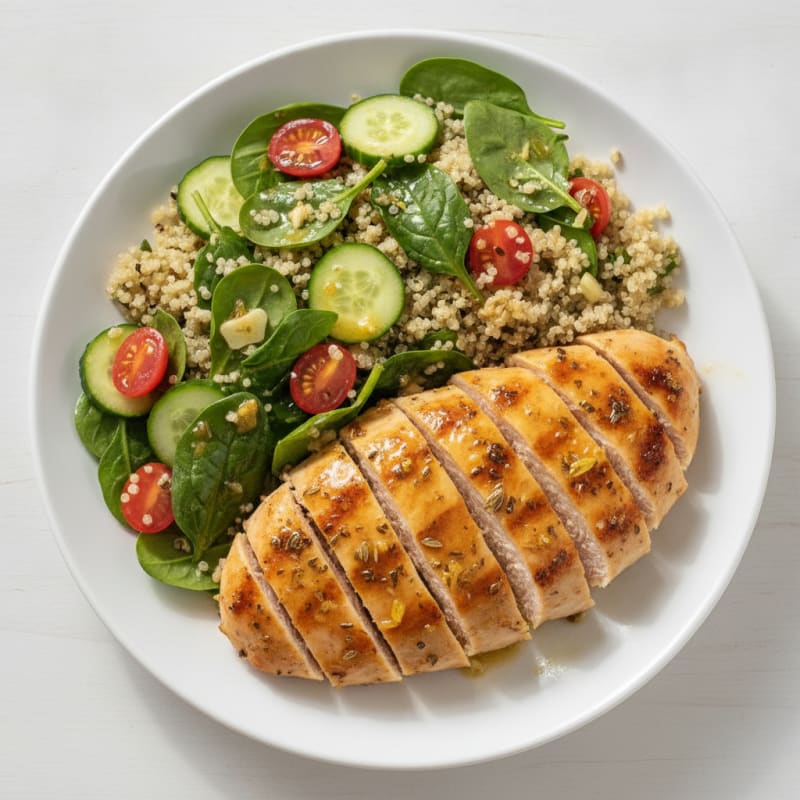 Grilled Lemon Herb Chicken Breast with Quinoa and Spinach Salad