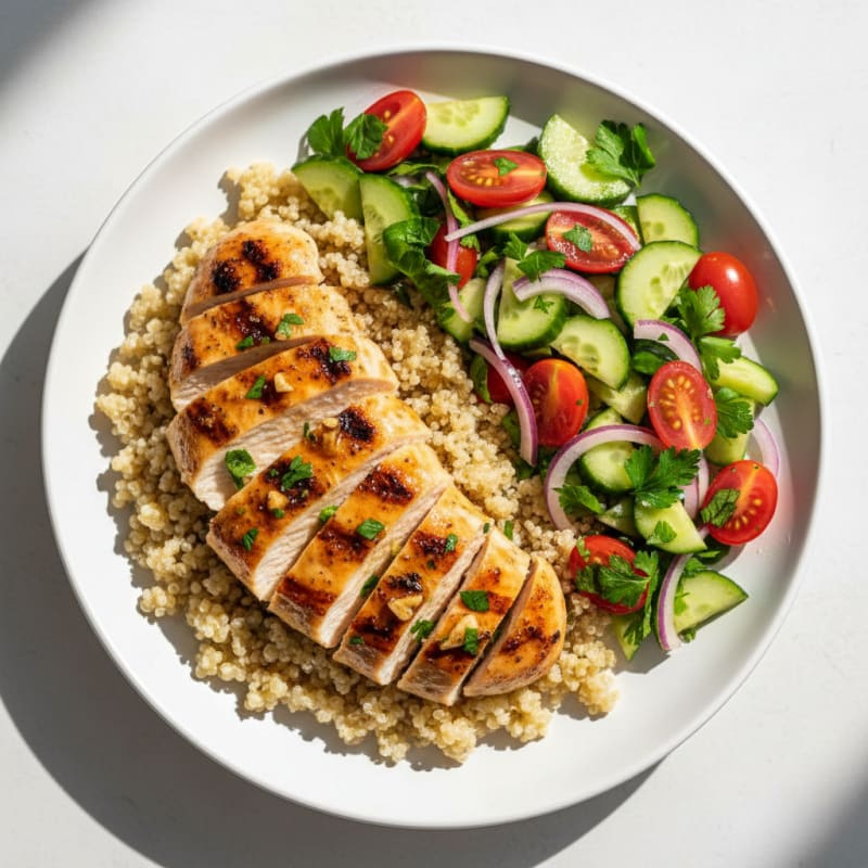 Grilled Lemon-Garlic Chicken with Quinoa and Crunchy Cucumber-Tomato Salad
