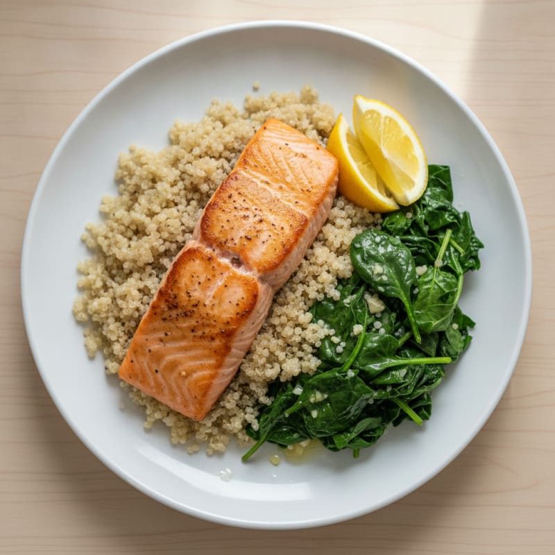 Seared Salmon Fillet with Quinoa and Garlic Sautéed Spinach