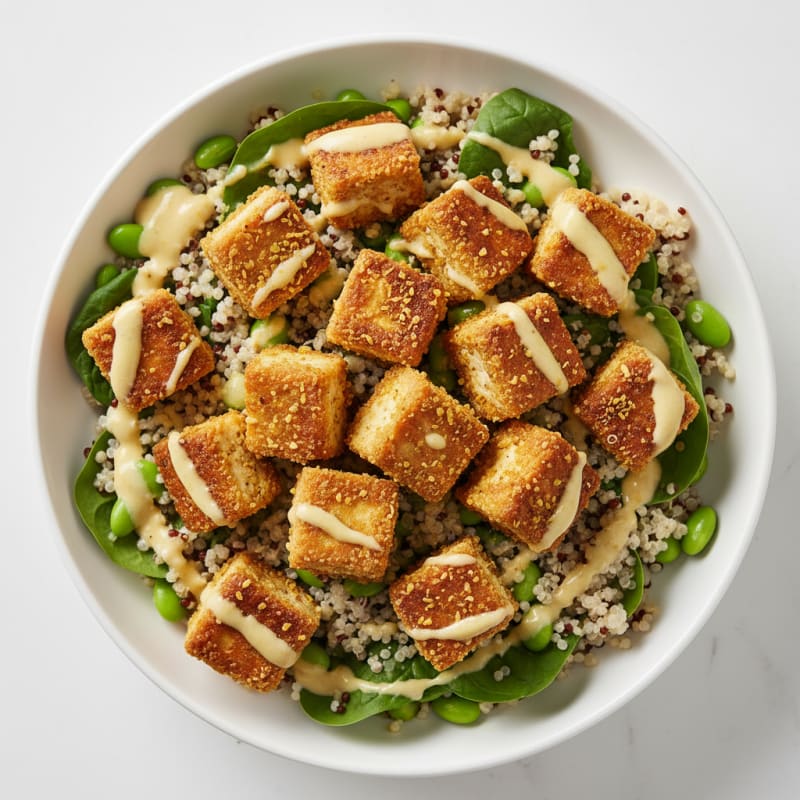 Crispy Tofu Quinoa Bowl with Lemon Tahini Dressing