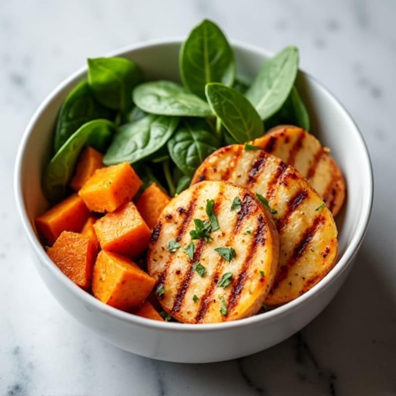 Crispy Halloumi and Roasted Sweet Potato Bowl with Creamy Tahini Dressing