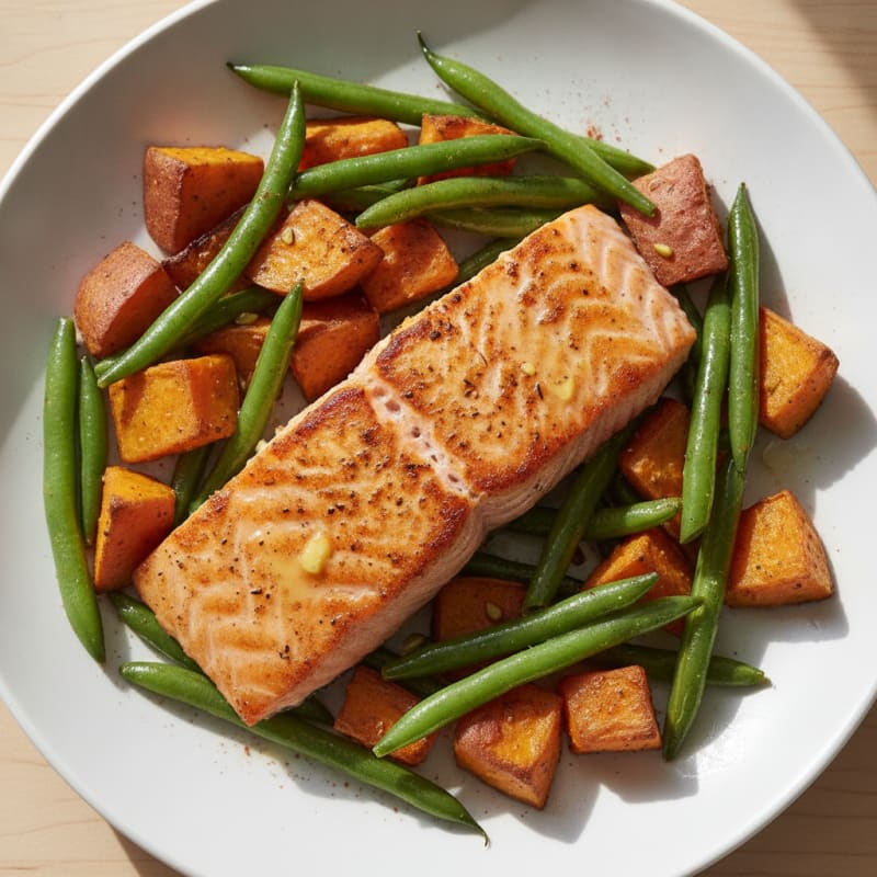 Seared Salmon Fillet with Roasted Sweet Potatoes and Green Beans