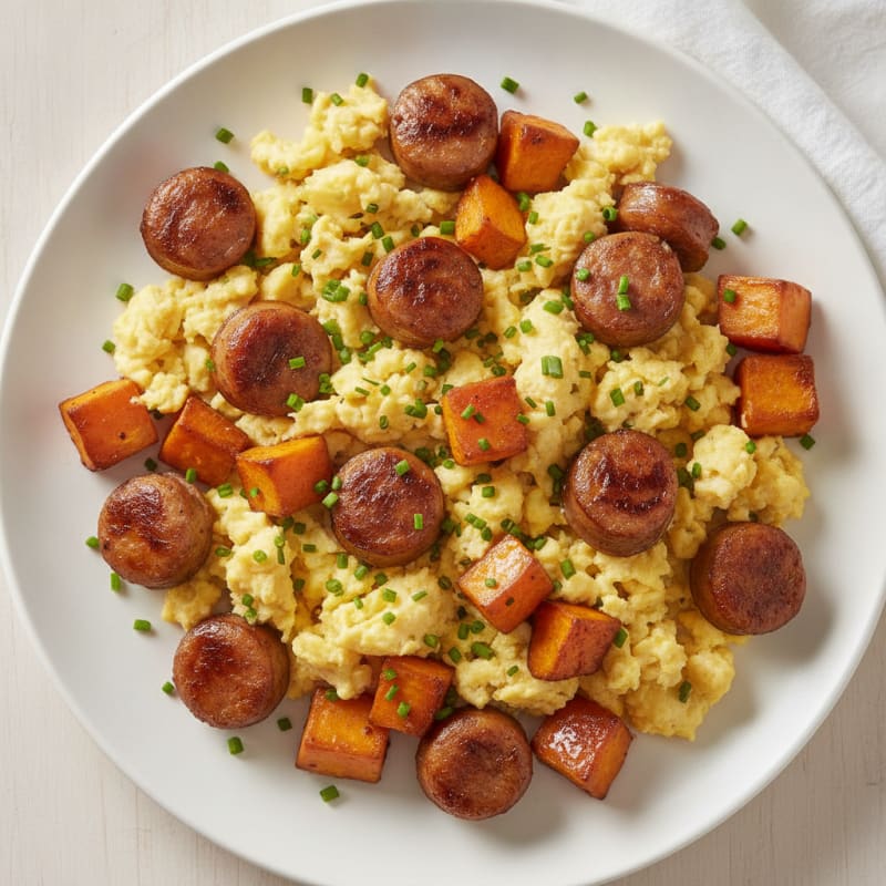 Scrambled Eggs with Chicken Sausage and Roasted Sweet Potato