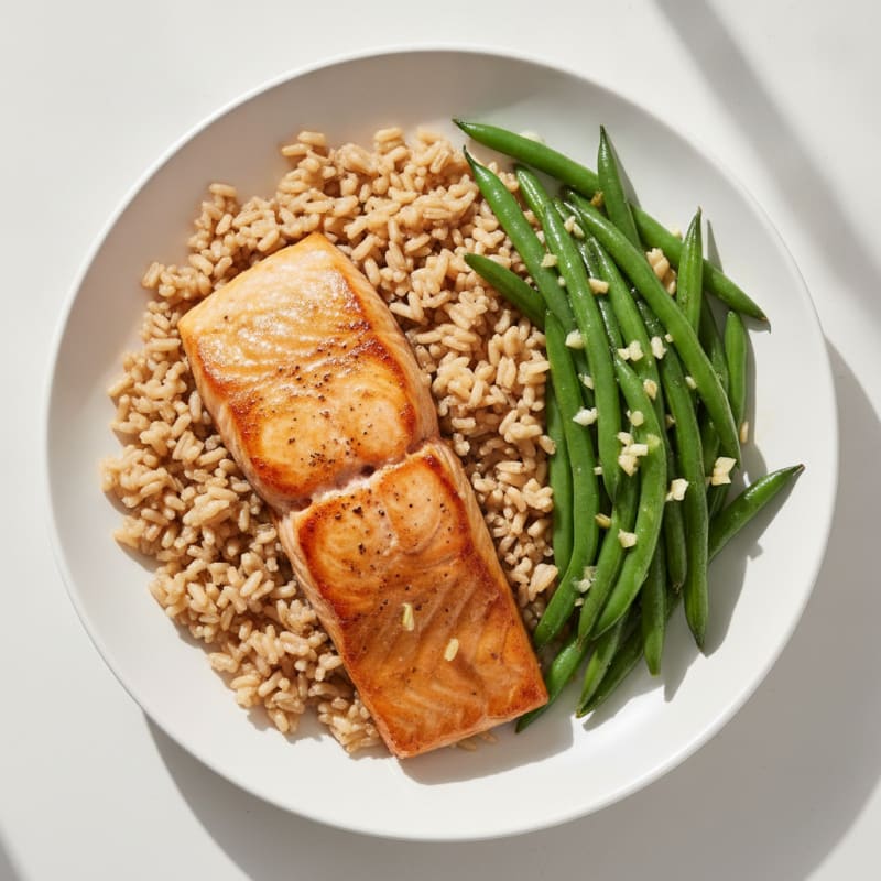 Seared Salmon with Garlic Green Beans and Brown Rice