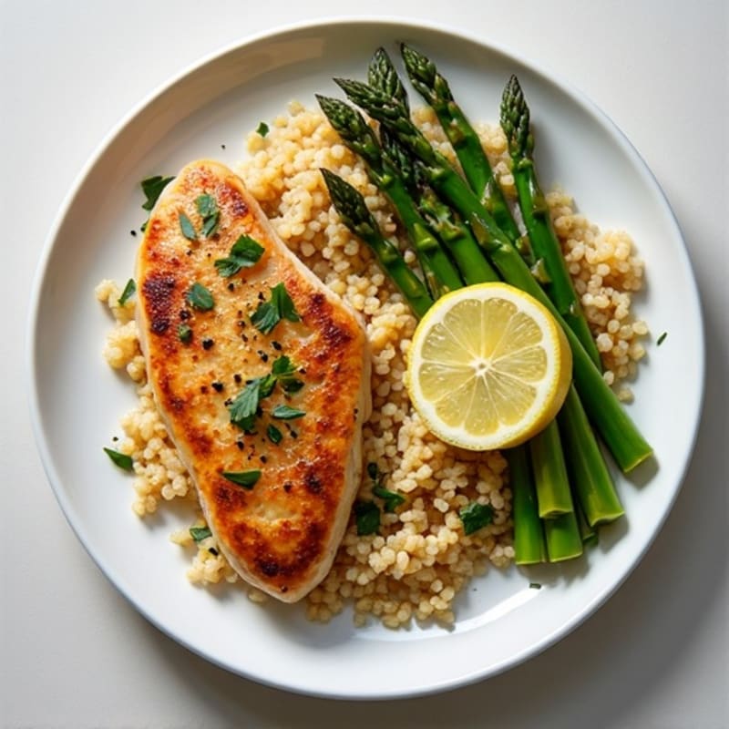 Lemon Garlic Pan-Seared Chicken with Roasted Asparagus and Quinoa