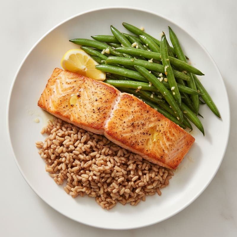 Seared Salmon with Garlic Green Beans and Brown Rice
