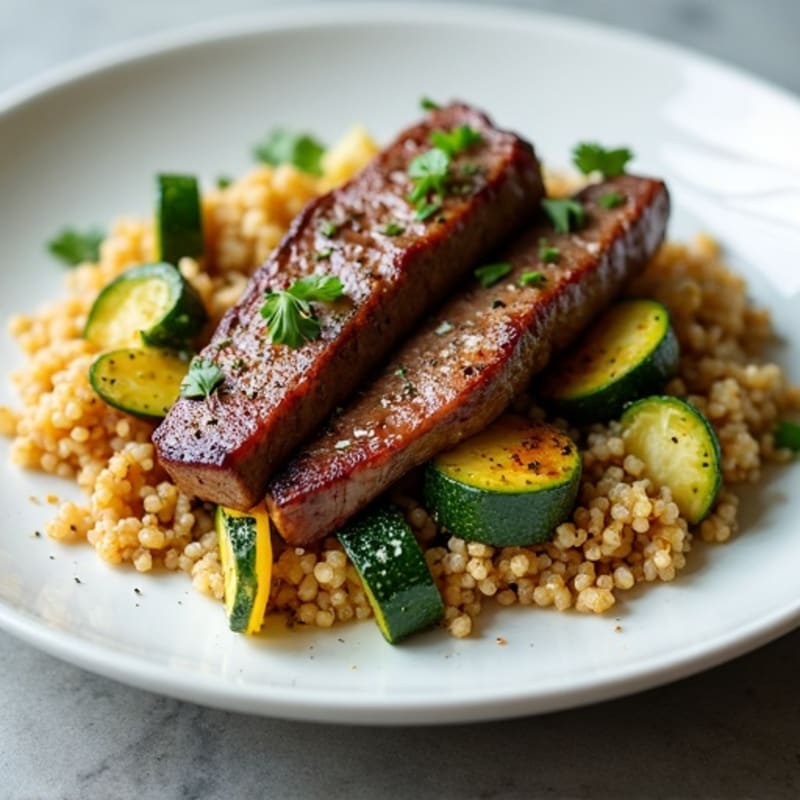 Seared Lean Beef Strips with Roasted Zucchini and Quinoa