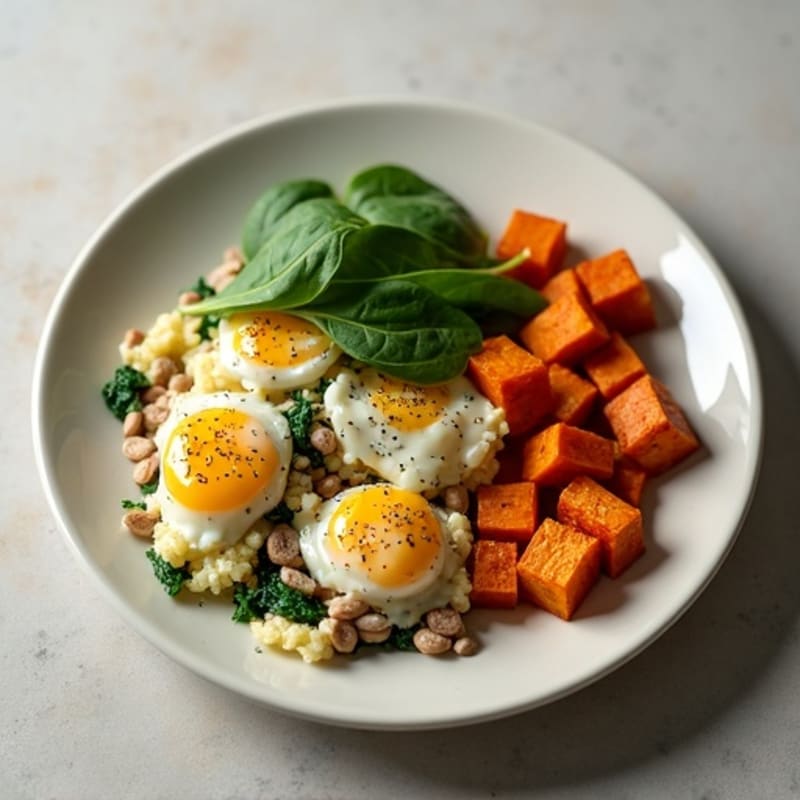 Egg White and Turkey Sausage Scramble with Spinach and Roasted Sweet Potato