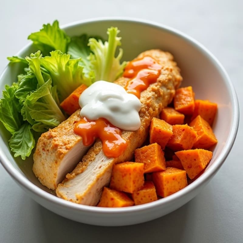 Creamy Buffalo Chicken Bowl with Roasted Sweet Potato and Celery