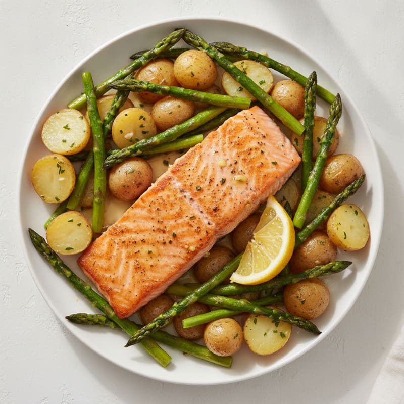 Pan-Seared Salmon with Garlic Roasted Vegetables and Baby Potatoes