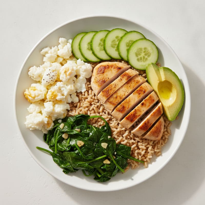 Scrambled Egg Whites with Grilled Chicken Breast and Sautéed Spinach