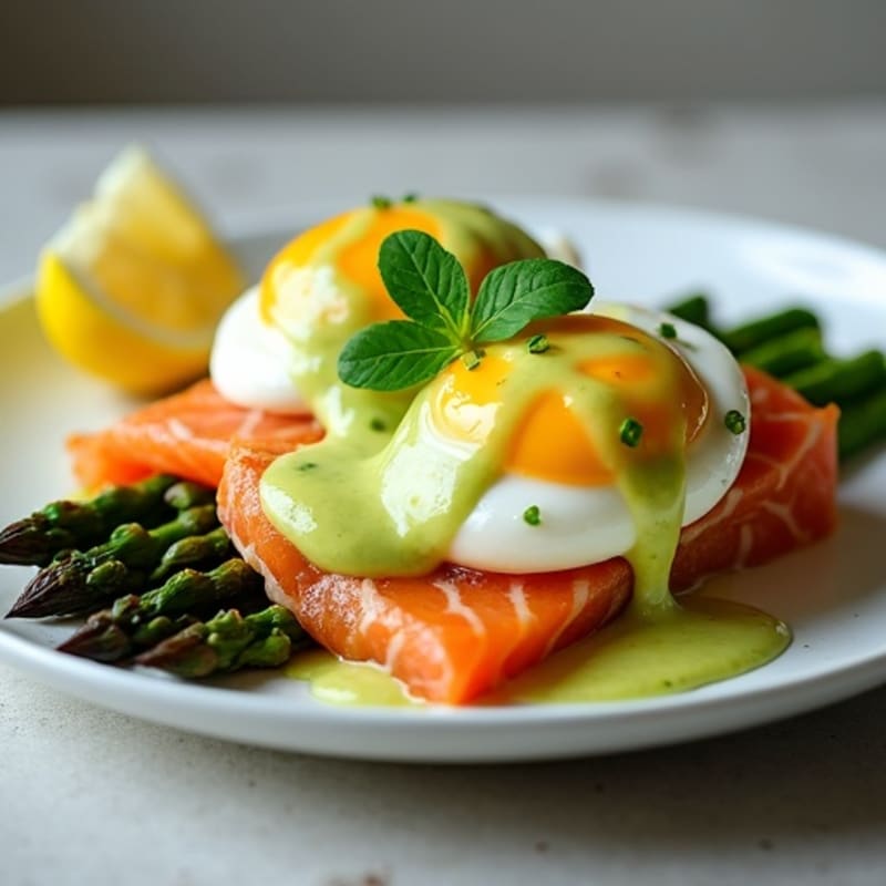 Smoked Salmon and Poached Eggs with Roasted Asparagus and Creamy Avocado Sauce