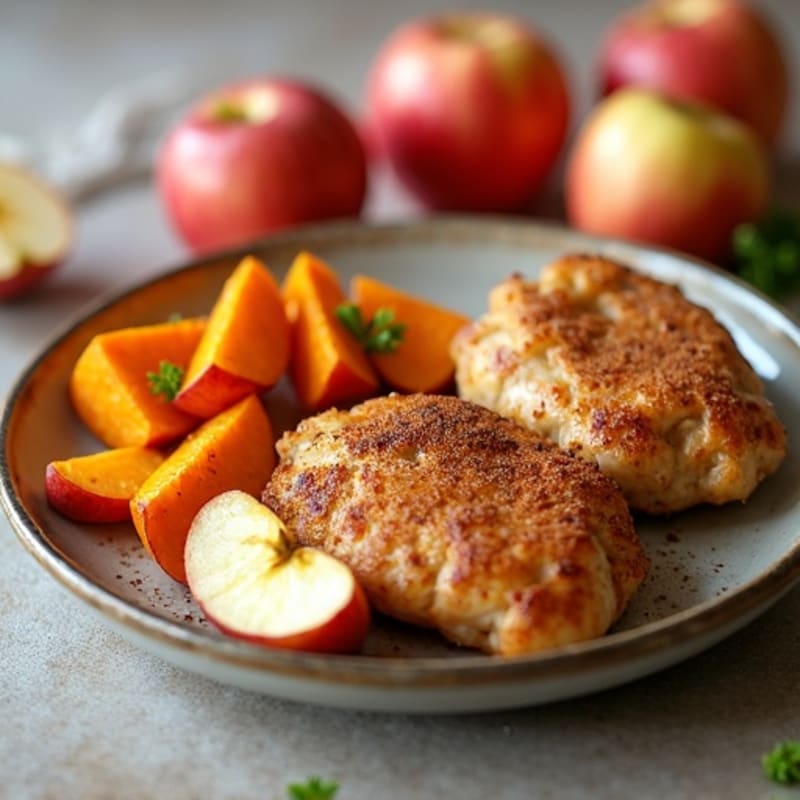 Cinnamon-Kissed Baked Chicken with Roasted Sweet Potato Wedges and Apples