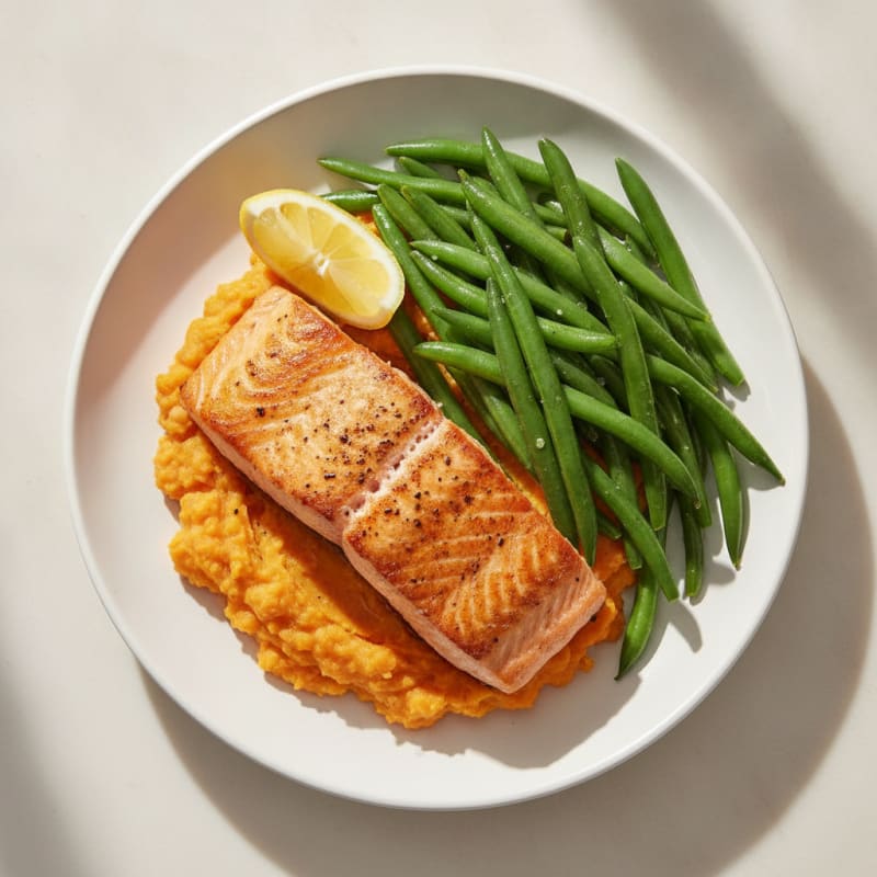 Seared Salmon with Steamed Green Beans and Sweet Potato Mash