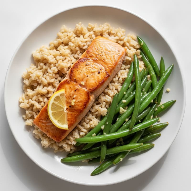 Seared Salmon with Garlic Green Beans and Brown Rice
