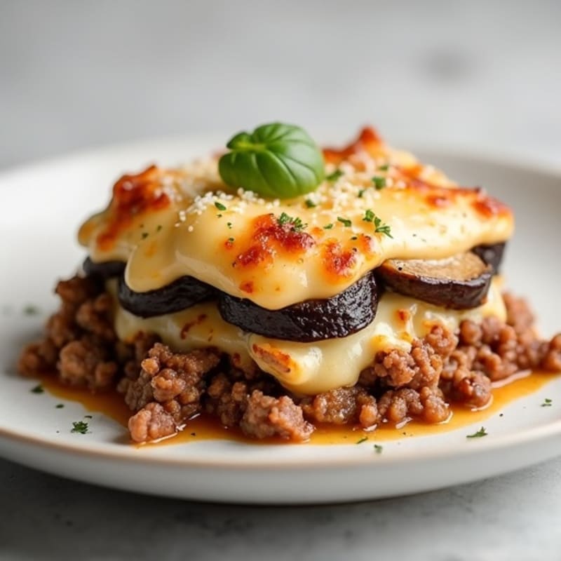 Layered Eggplant and Beef Casserole with Creamy Cauliflower Bechamel