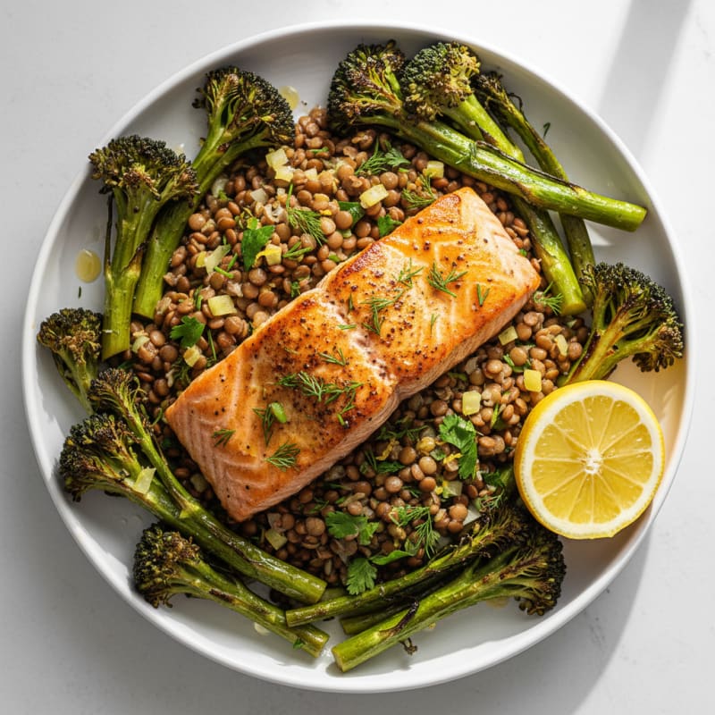 Seared Salmon with Herbed Lentil Pilaf and Roasted Broccoli