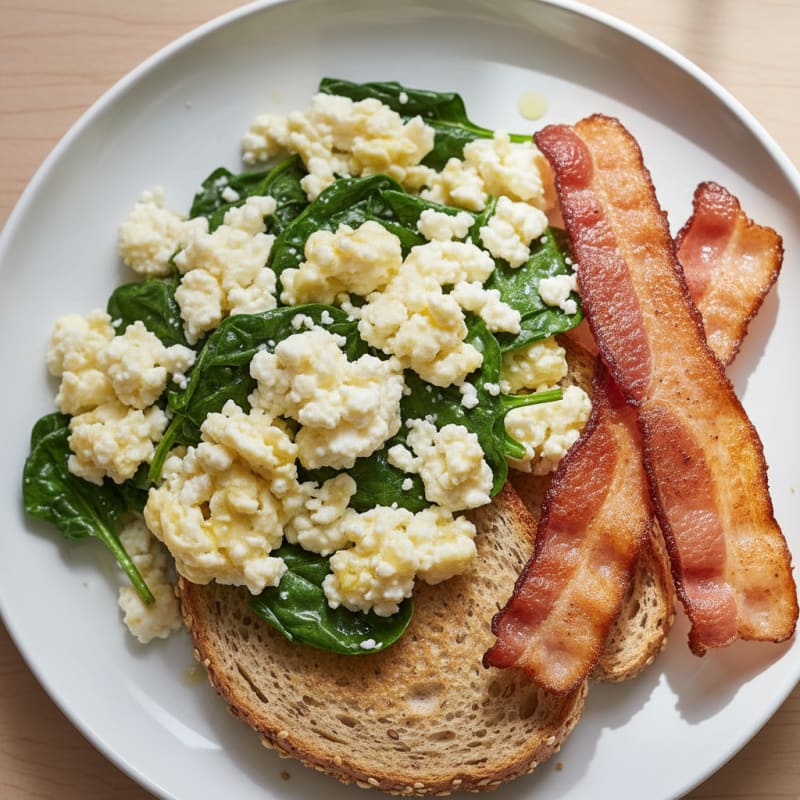 Cottage Cheese Scramble with Spinach and Turkey Bacon