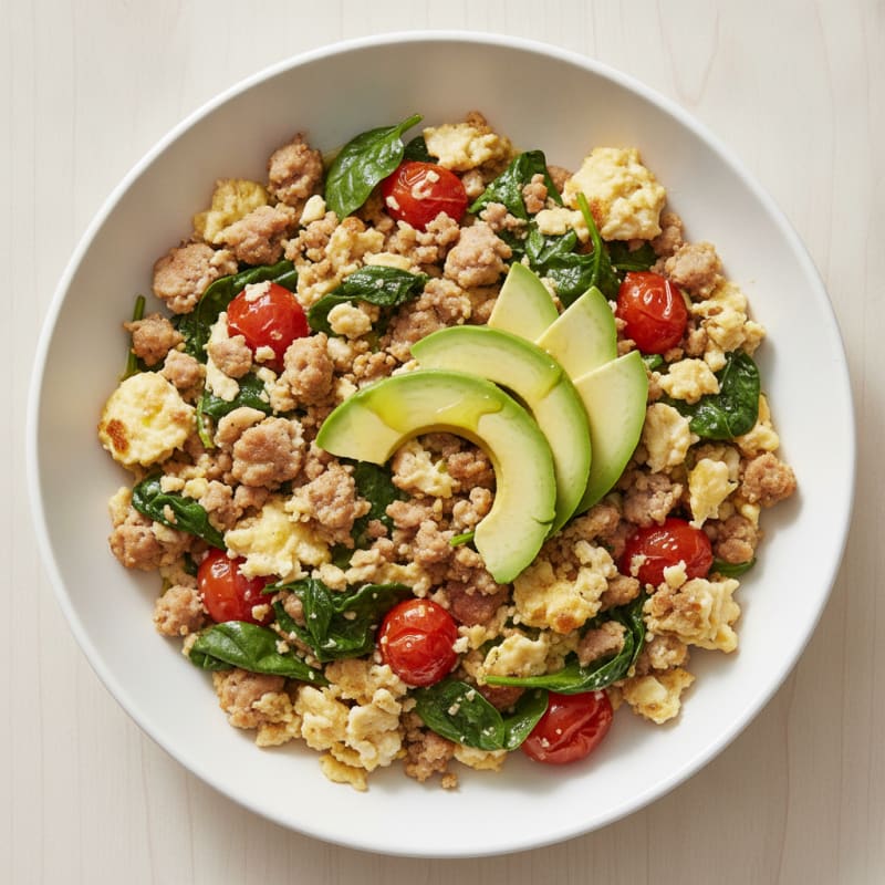 Egg White and Turkey Sausage Scramble with Spinach and Cherry Tomatoes