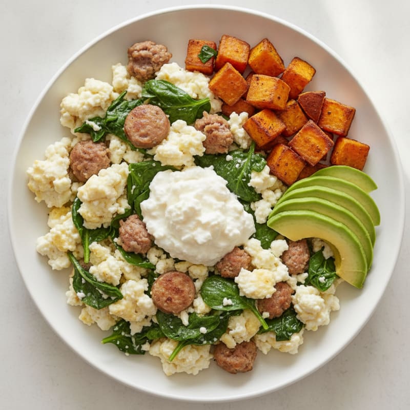 Egg White and Turkey Sausage Scramble with Spinach and Cottage Cheese