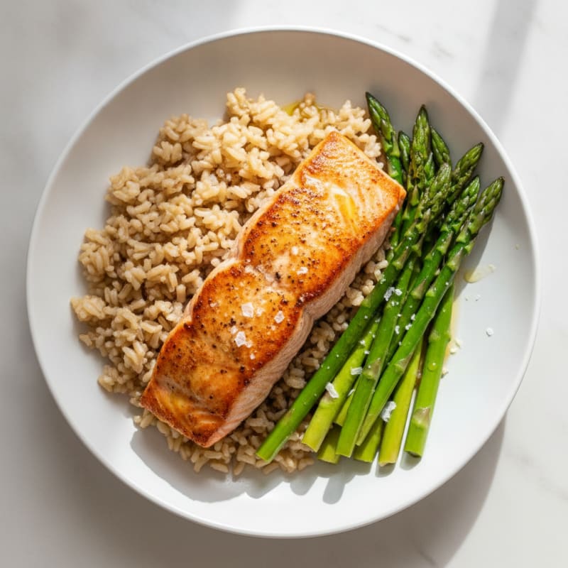 Seared Salmon with Steamed Asparagus and Brown Rice