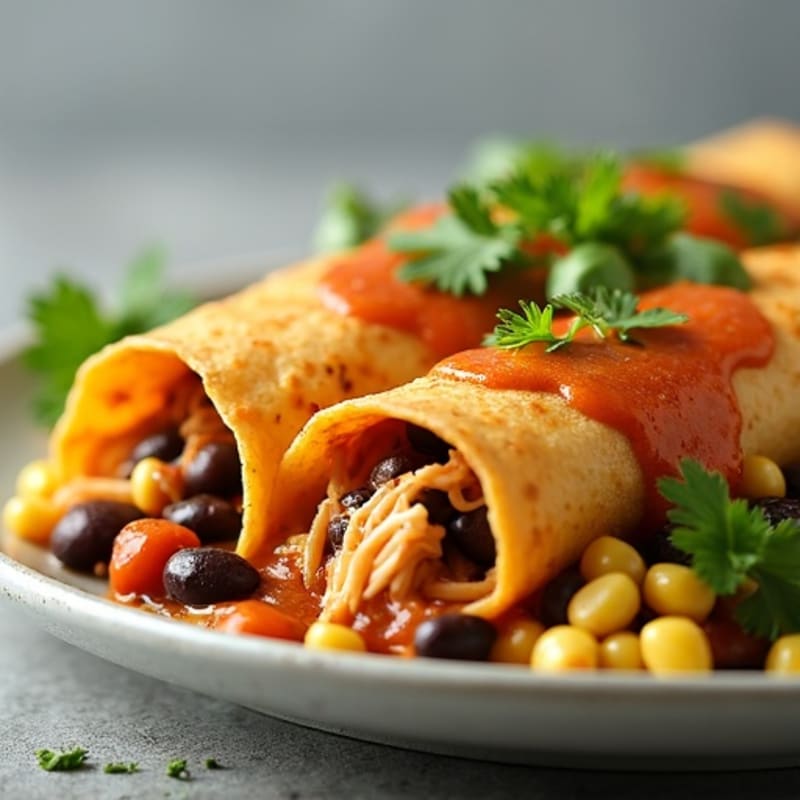 Green Chile Chicken Enchiladas with Black Beans and Corn