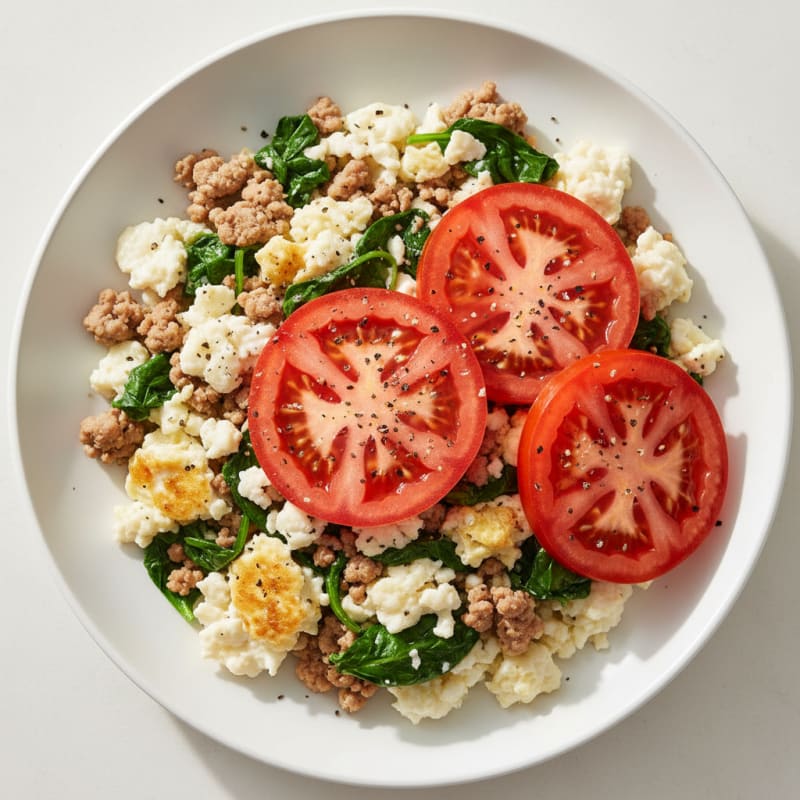 Egg White Spinach Scramble with Lean Turkey and Fresh Tomatoes