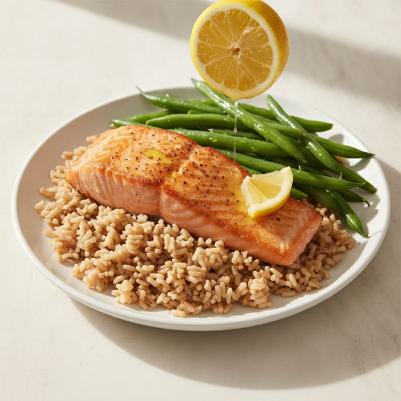 Seared Salmon with Steamed Green Beans and Brown Rice