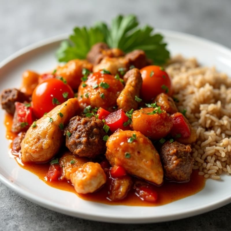 Savory Ofada Sauce with Hearty Assorted Meats and Brown Rice