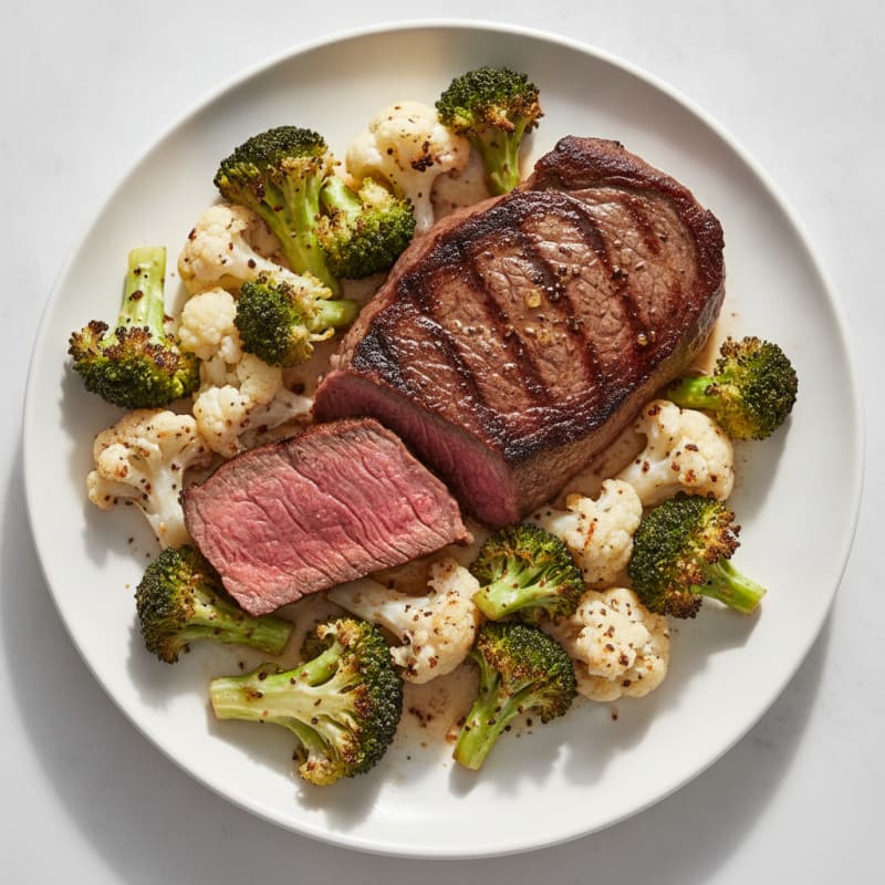 Seared Lean Beef with Roasted Broccoli and Cauliflower