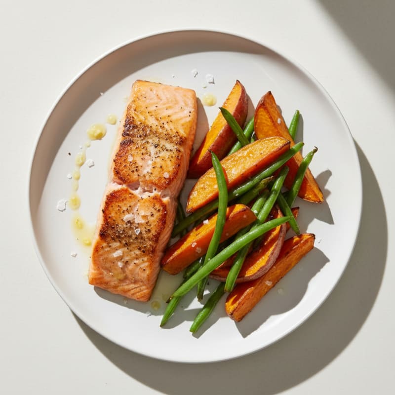Seared Salmon Fillet with Roasted Sweet Potatoes and Green Beans