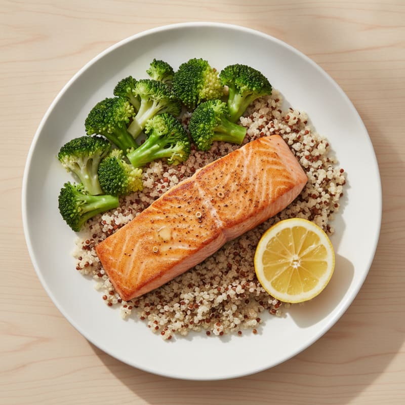 Seared Salmon Fillet with Steamed Broccoli and Quinoa
