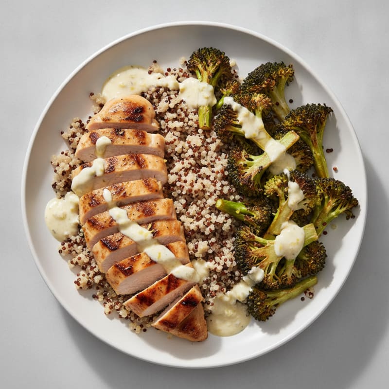 Grilled Chicken Breast with Quinoa, Roasted Broccoli and Greek Yogurt Sauce