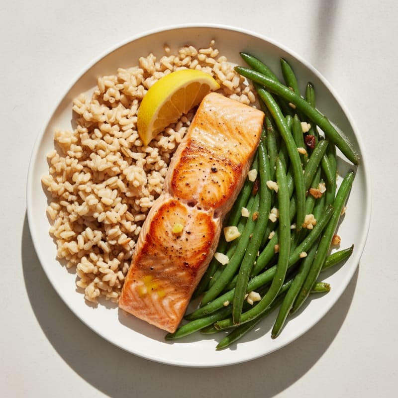 Seared Salmon with Garlic Green Beans and Brown Rice