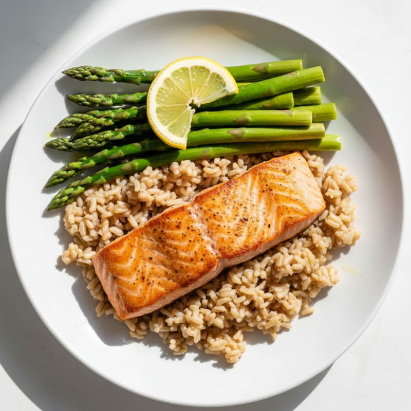 Seared Salmon with Steamed Asparagus and Brown Rice