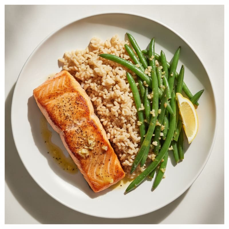 Seared Salmon with Garlic Green Beans and Brown Rice