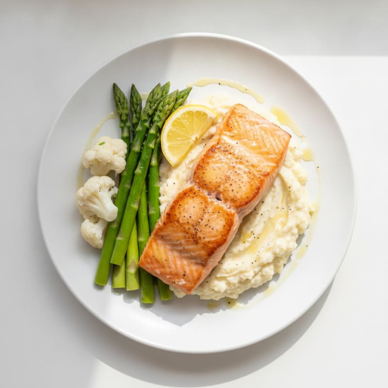 Seared Salmon with Steamed Asparagus and Cauliflower Mash