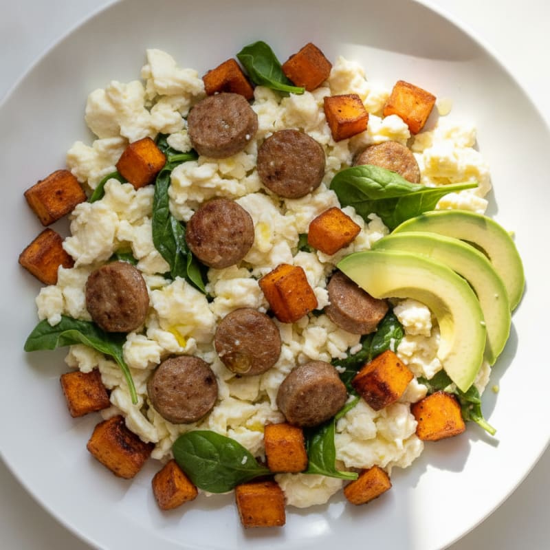 Egg White Scramble with Turkey Sausage and Roasted Sweet Potatoes