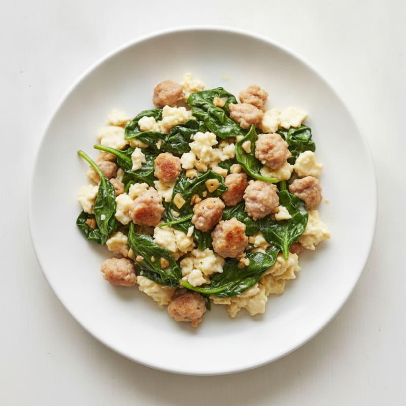 Egg White and Turkey Sausage Scramble with Sautéed Spinach