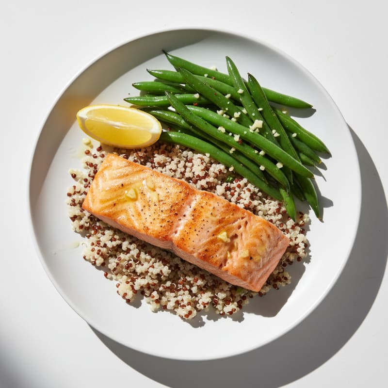 Seared Salmon with Garlic Green Beans and Quinoa