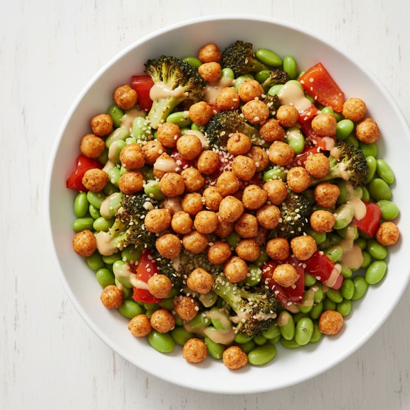 Crispy Chickpea and Roasted Vegetable Power Bowl with Tahini Drizzle
