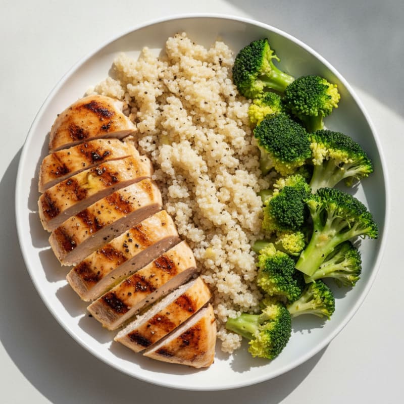 Grilled Chicken Breast with Steamed Broccoli and Quinoa
