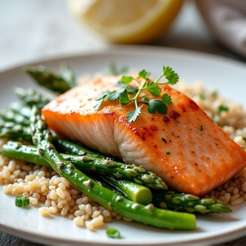 Seared Salmon Fillet with Steamed Asparagus and Brown Rice