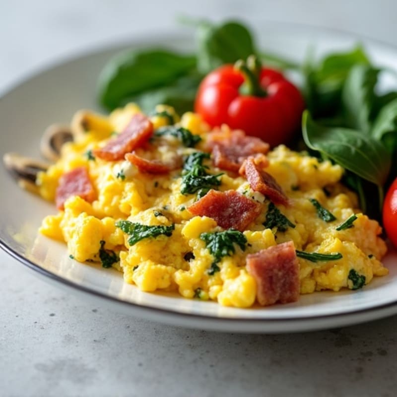 Cottage Cheese Egg Scramble with Spinach, Mushrooms & Turkey Bacon