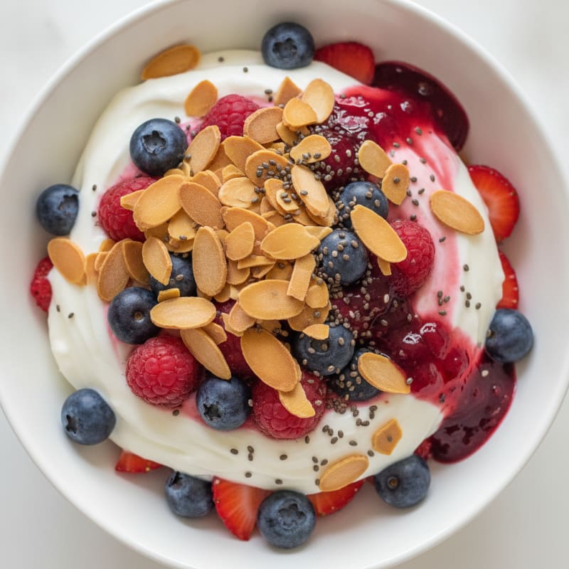 Greek Yogurt Protein Parfait with Mixed Berries and Almonds
