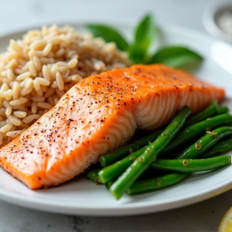 Seared Salmon Fillet with Steamed Green Beans and Brown Rice