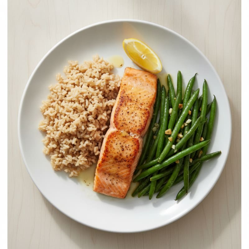 Seared Salmon Fillet with Garlic Green Beans and Brown Rice