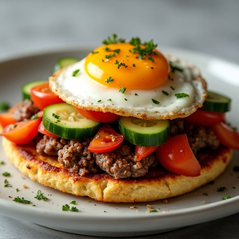 Crispy Ground Beef with Roasted Peppers and Onions, topped with Fresh Cucumber Tomato Salad