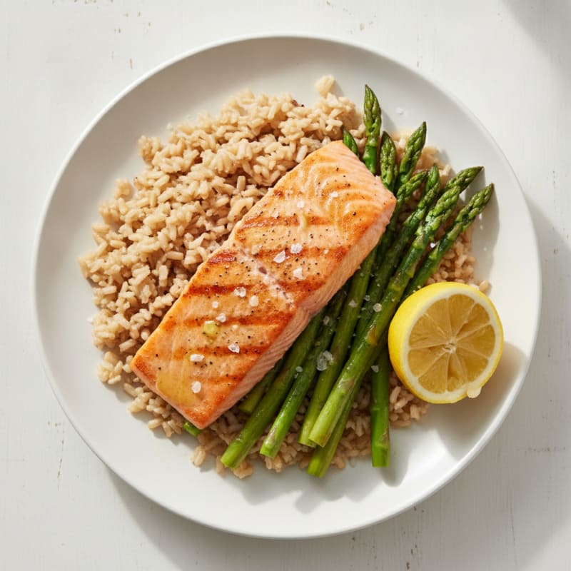 Seared Salmon Fillet with Asparagus and Brown Rice